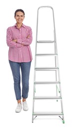 Photo of Young woman near metal ladder on white background