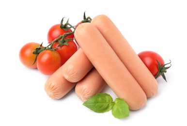 Photo of Delicious boiled sausages, tomatoes and basil on white background