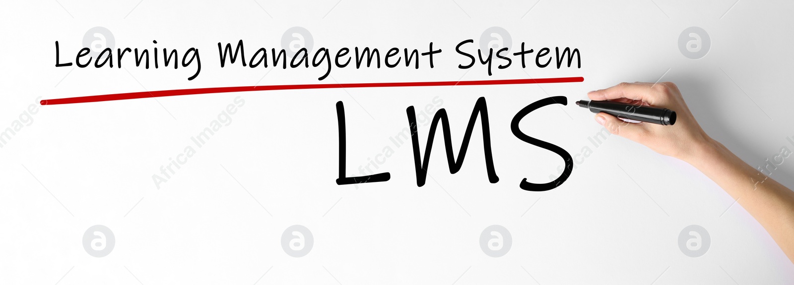 Image of Woman writing abbreviation LMS below underlined Learning Management System text on whiteboard, closeup. Banner design