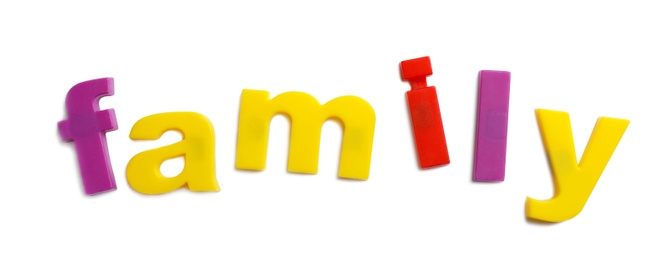 Photo of Word FAMILY of magnetic letters on white background, top view