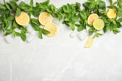 Photo of Flat lay composition with mint, citrus fruit and ice cubes on light background