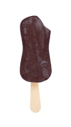 Photo of Delicious bitten chocolate-glazed ice cream bar isolated on white, top view
