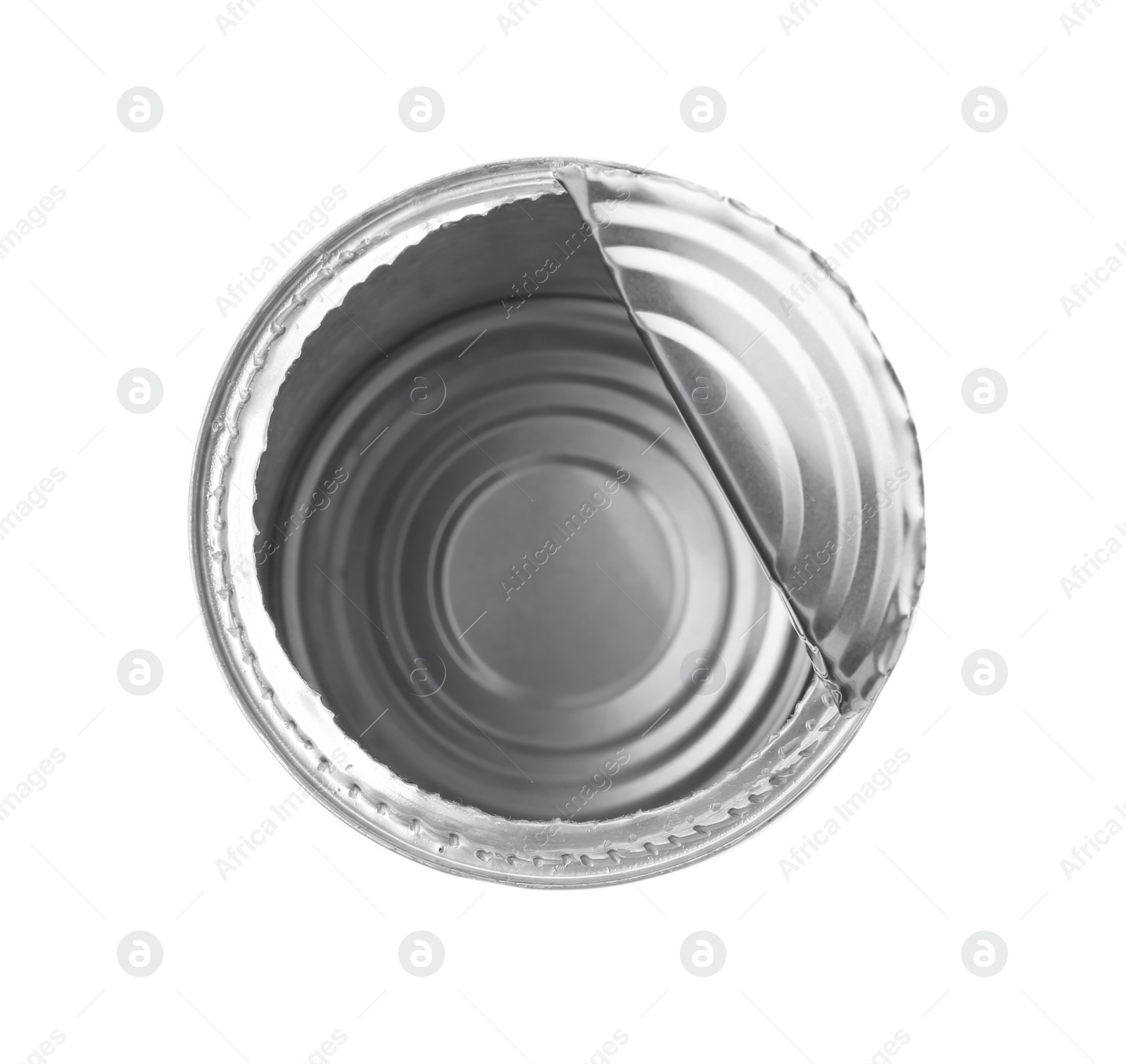 Photo of Empty aluminum can on white background, top view. Metal waste recycling