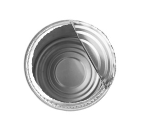 Empty aluminum can on white background, top view. Metal waste recycling