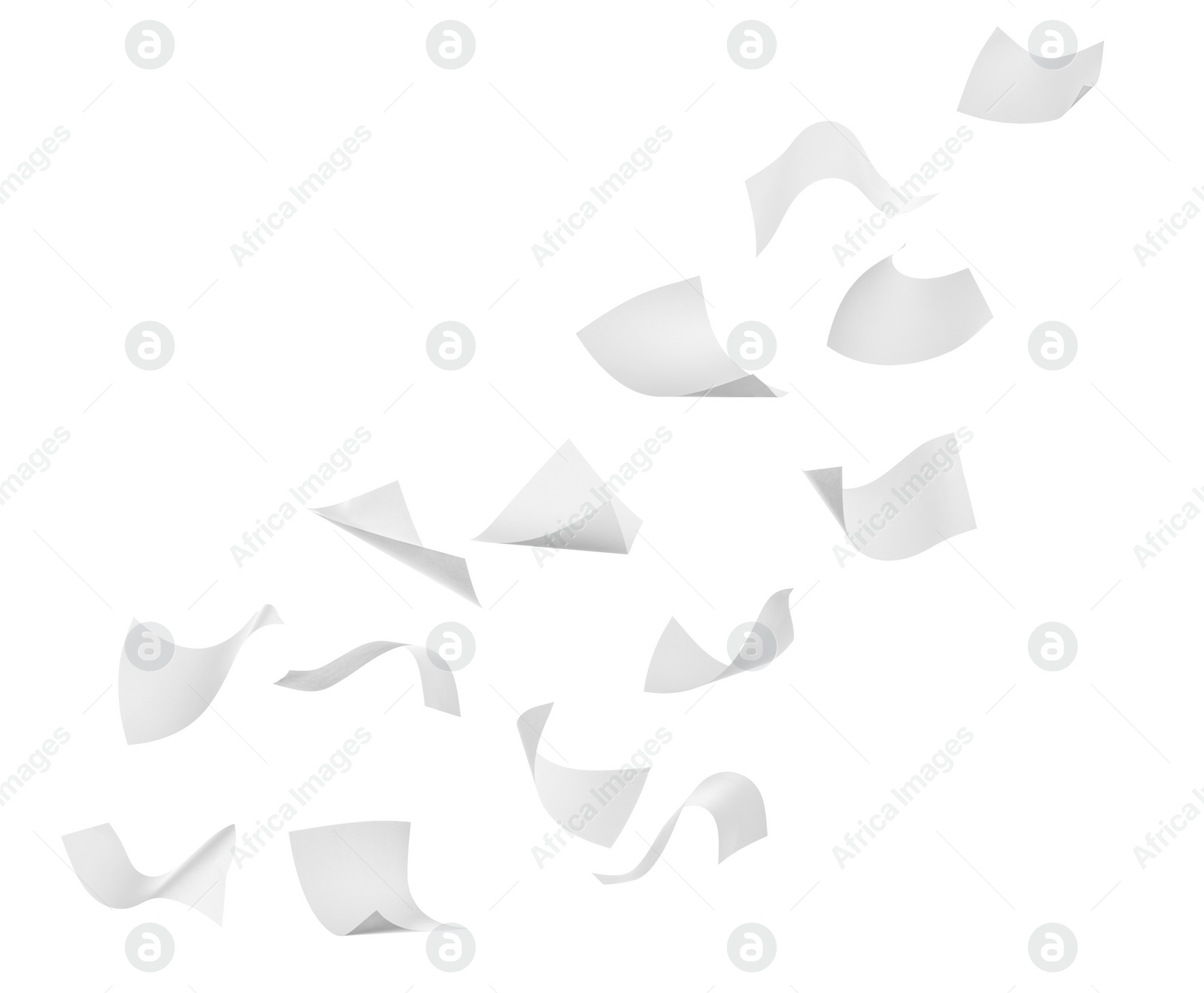 Image of Blank sheets of paper flying on white background