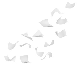 Image of Blank sheets of paper flying on white background