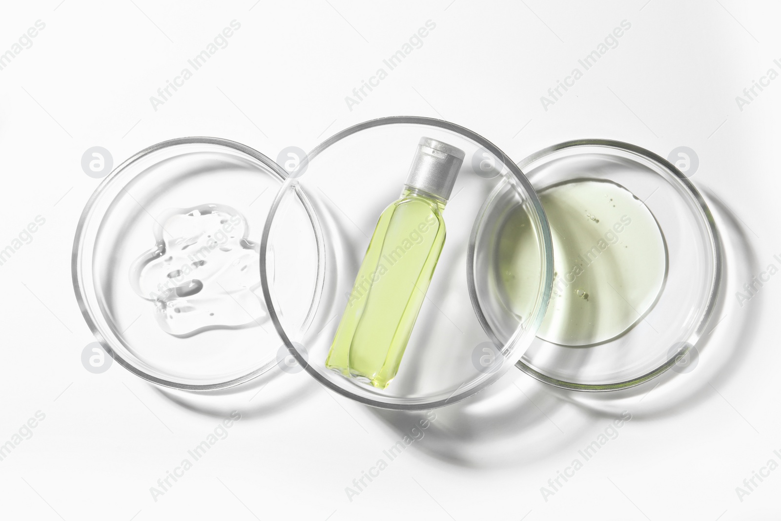 Photo of Petri dishes with samples and bottle on white background, top view