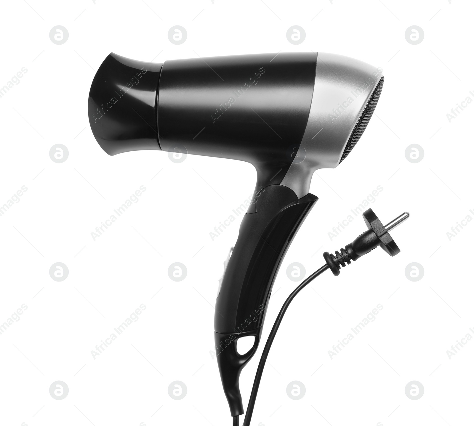 Photo of Modern hair dryer on white background, top view