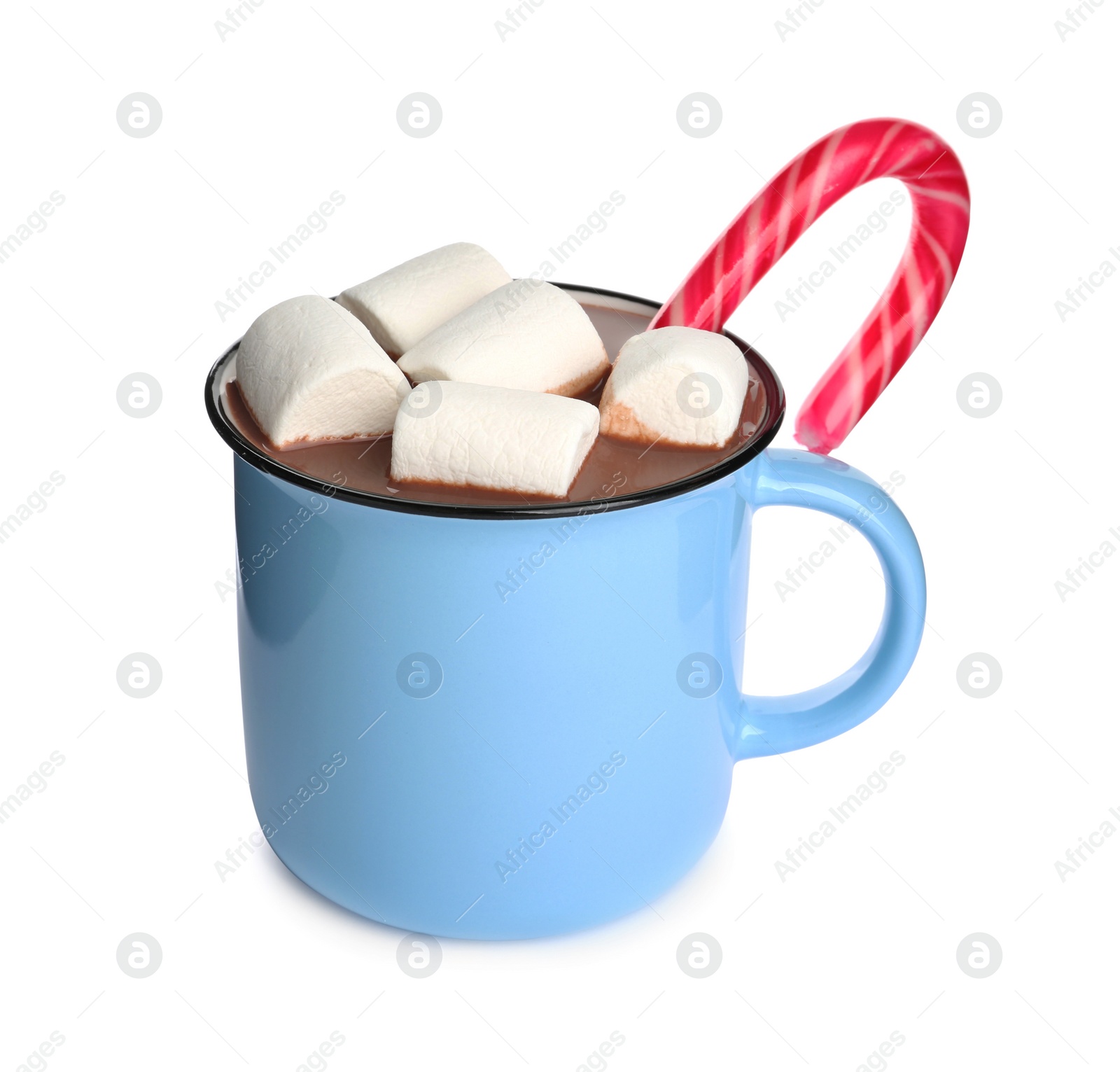 Photo of Cup of delicious hot chocolate with marshmallows and candy cane isolated on white