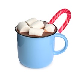 Photo of Cup of delicious hot chocolate with marshmallows and candy cane isolated on white