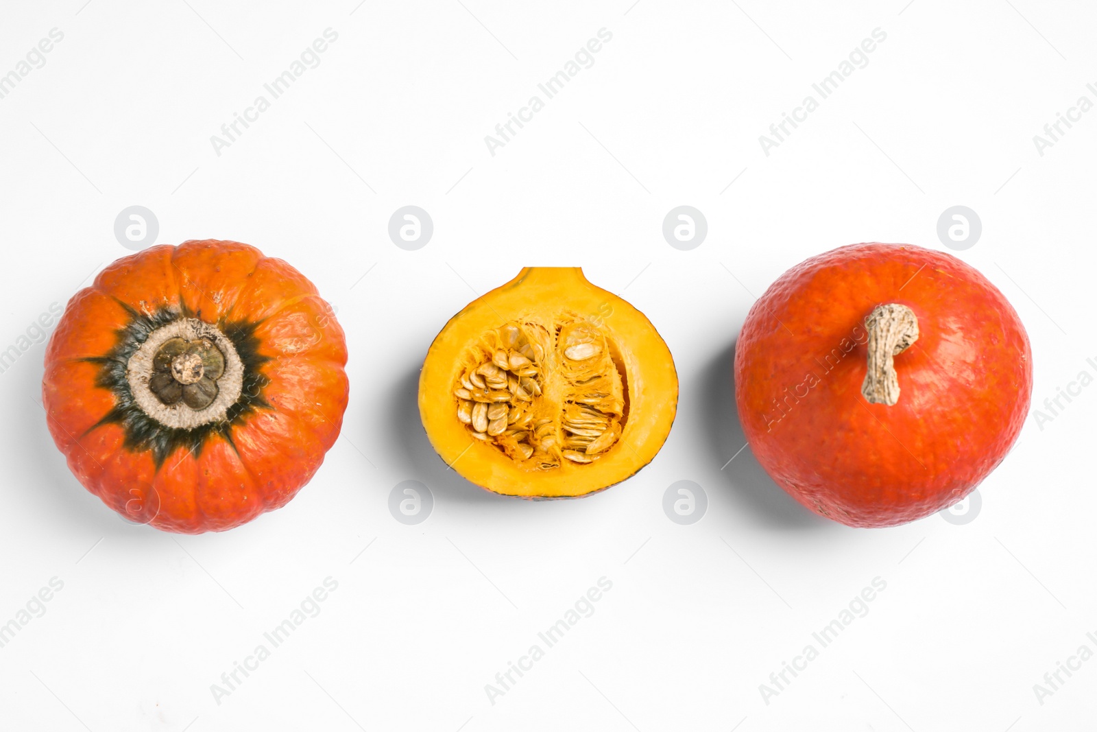 Photo of Fresh ripe pumpkins on white background, top view. Holiday decoration