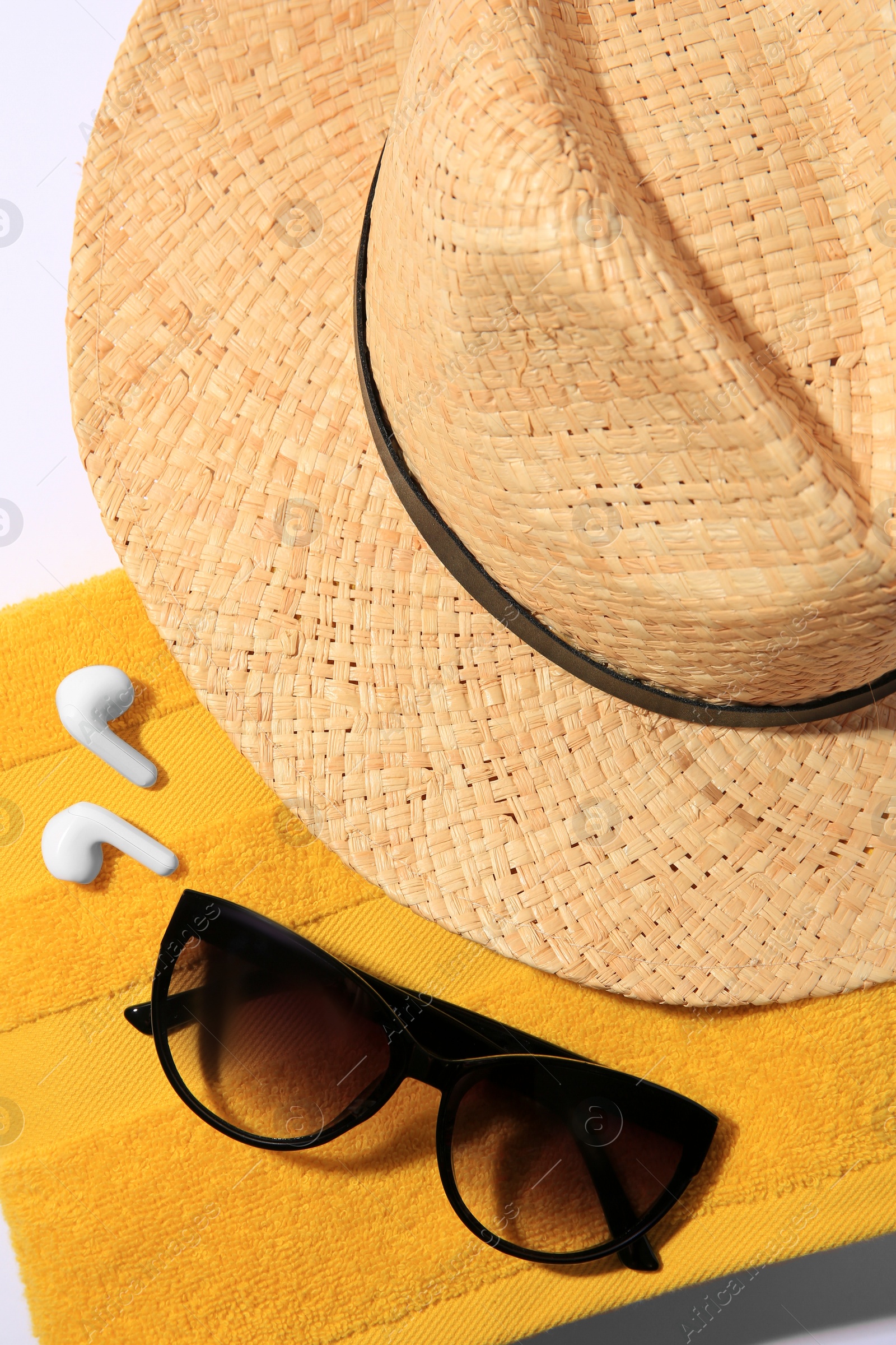 Photo of Beach accessories on white background, closeup view