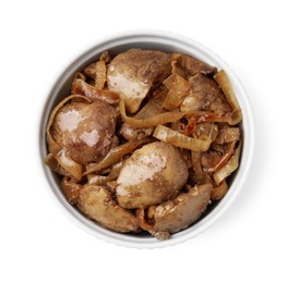 Photo of Delicious fried chicken liver with onion in bowl isolated on white, top view