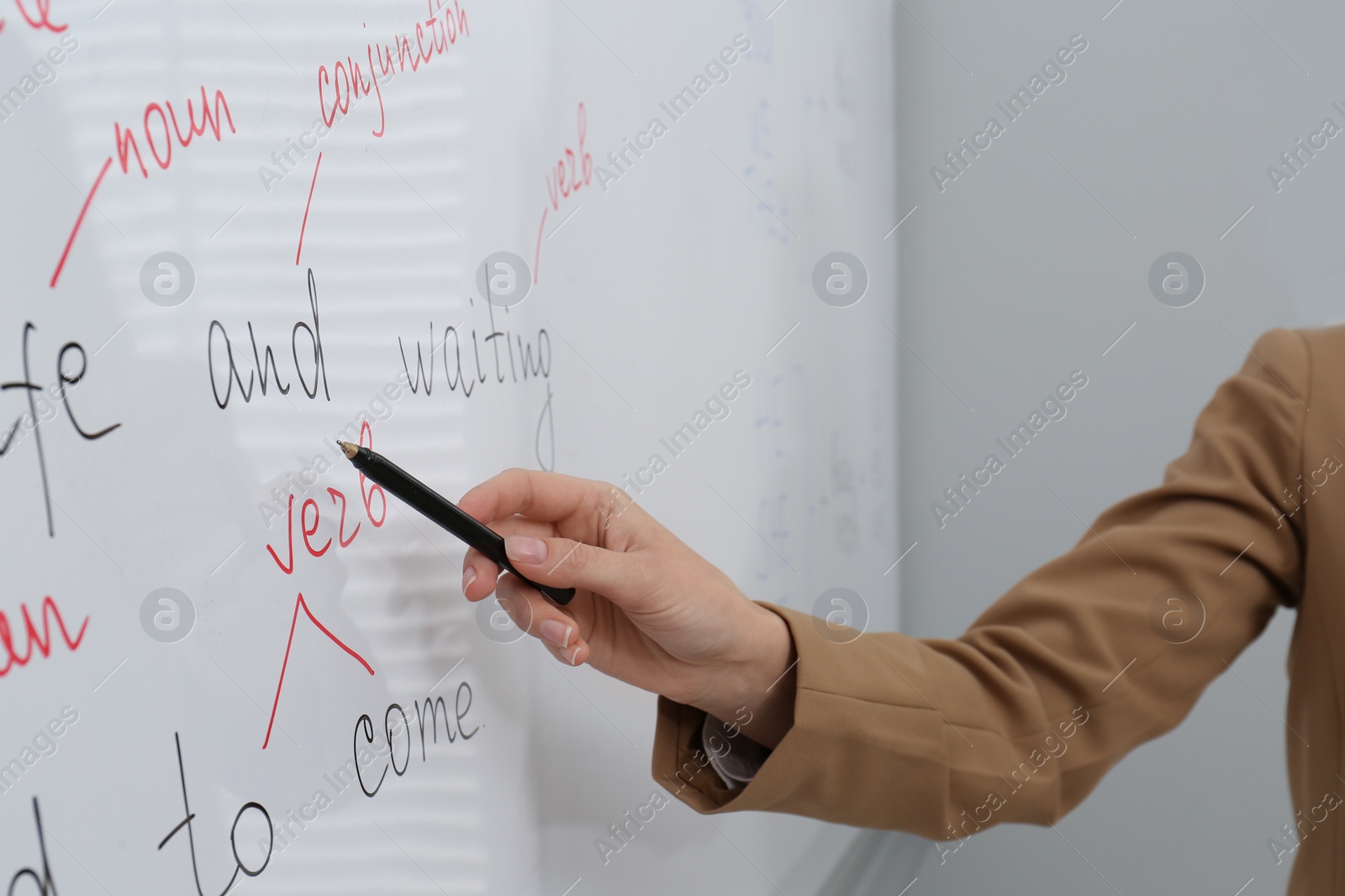 Photo of English teacher giving lesson near whiteboard, closeup