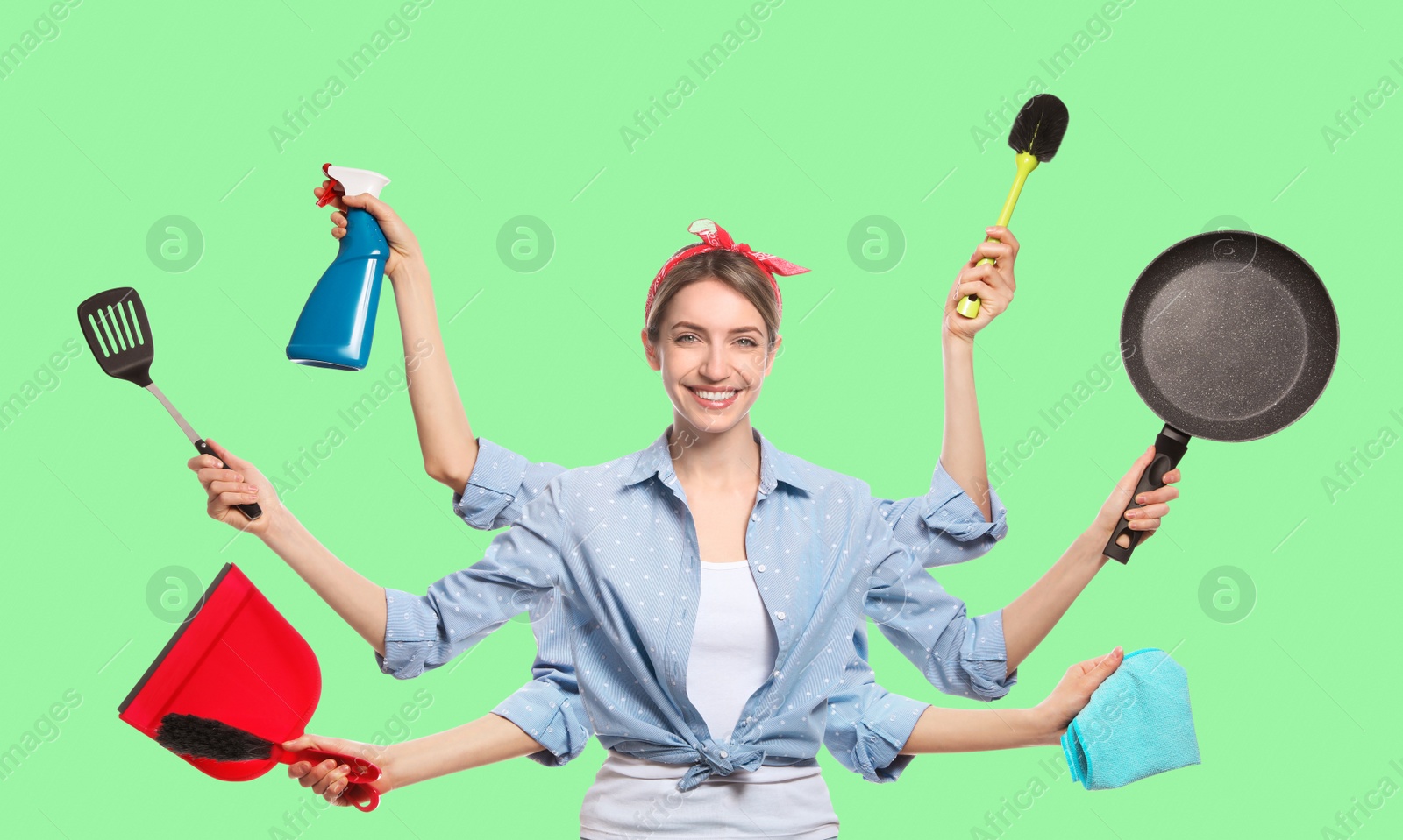 Image of Multitask housewife with many hands holding different stuff on green background