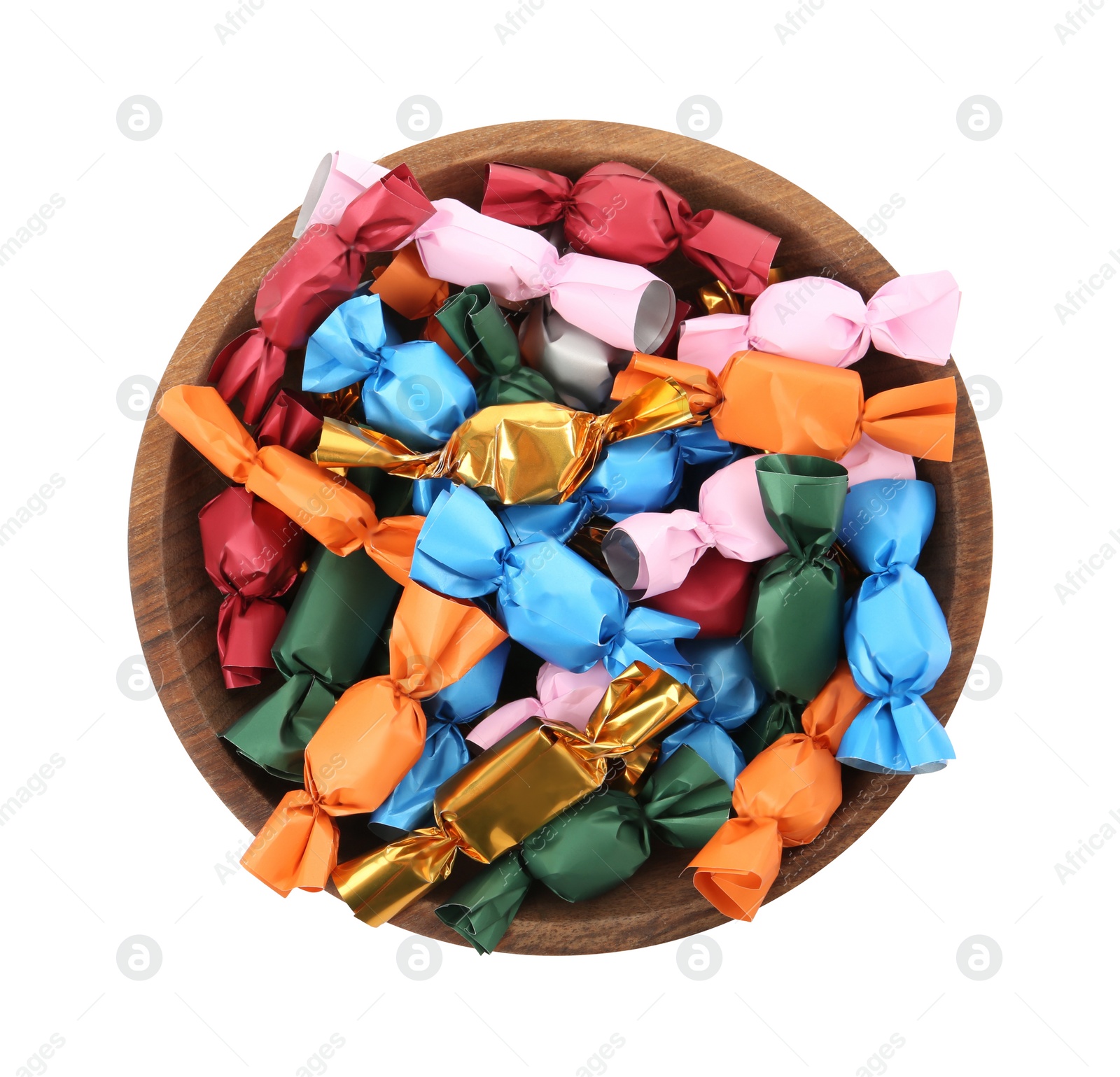 Photo of Bowl with candies in colorful wrappers isolated on white, top view