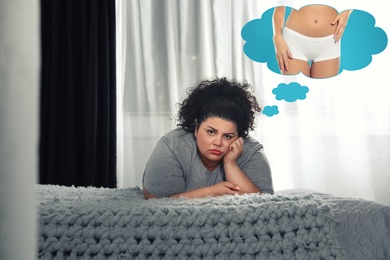 Image of Overweight woman dreaming about slim body at home. Weight loss concept