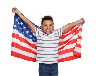 Image of 4th of July - Independence day of America. Happy kid with national flag of United States on white background