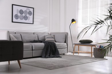 Cozy living room interior with comfortable grey sofa and armchair