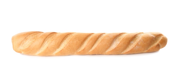 Photo of Tasty baguette isolated on white, top view. Fresh bread