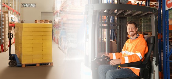Image of Distribution. Worker driving forklift in warehouse, double exposure. Banner design