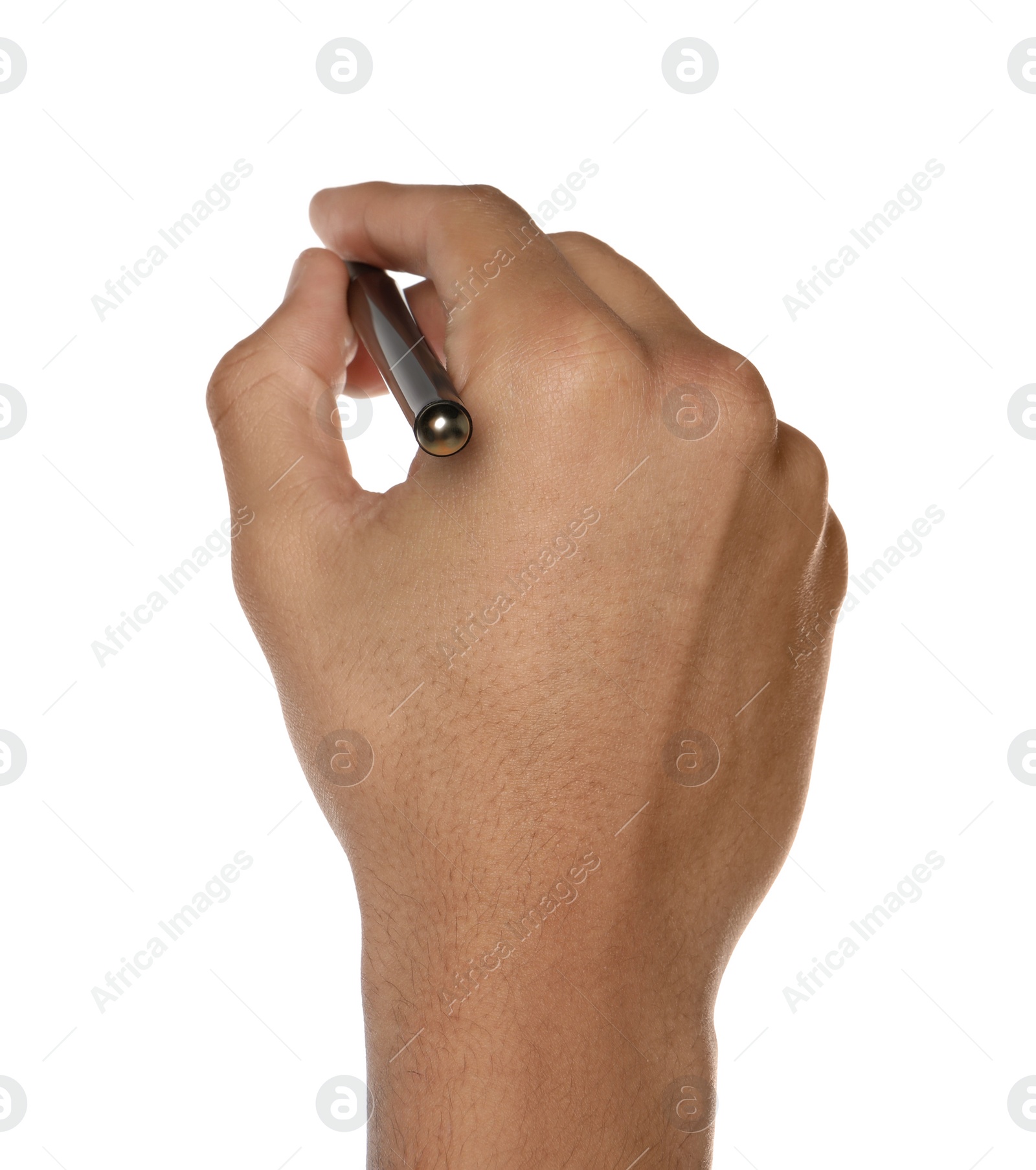 Photo of Man holding pen on white background, closeup of hand