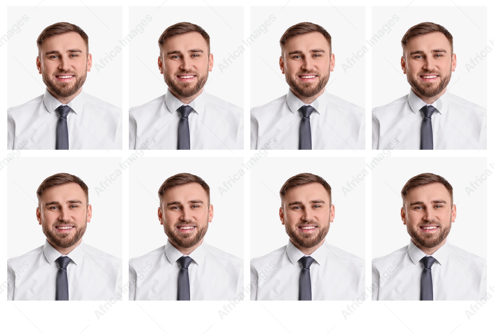 Image of Passport photo, collage. Man on white background, set of photos