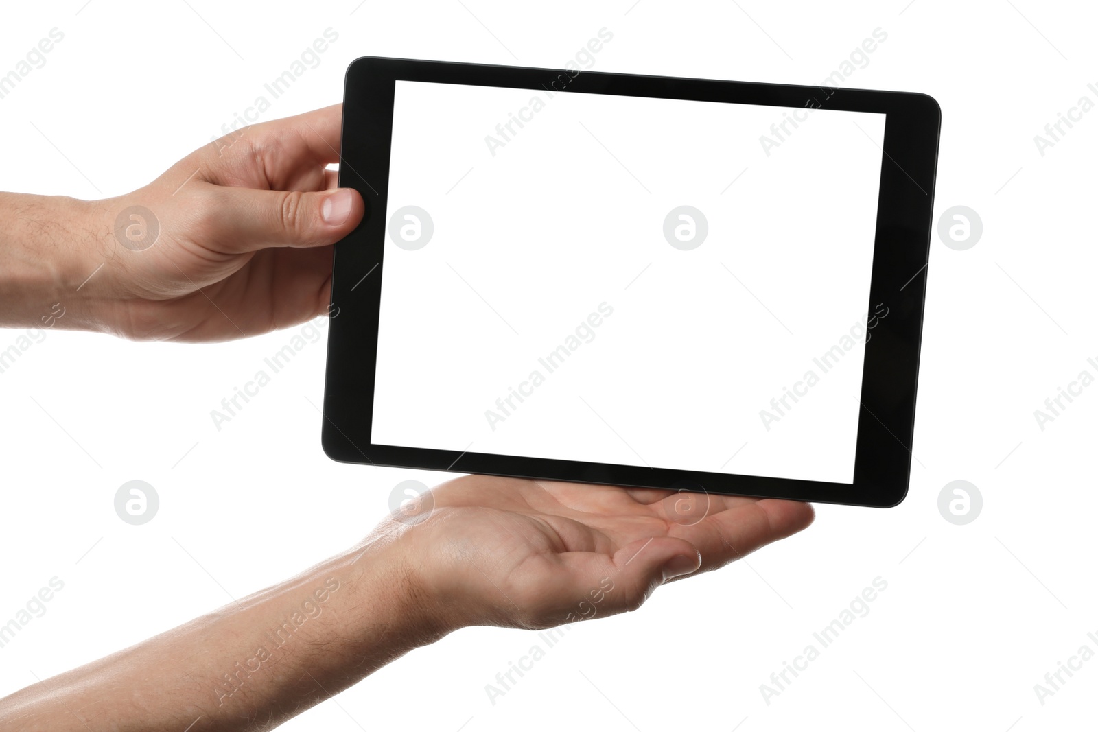 Photo of Man holding tablet computer with blank screen on white background, closeup. Modern gadget