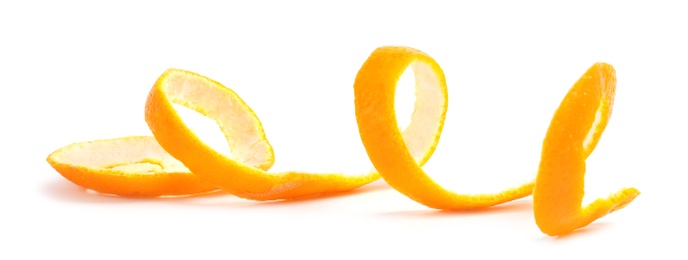 Photo of Peel of ripe tangerine on white background