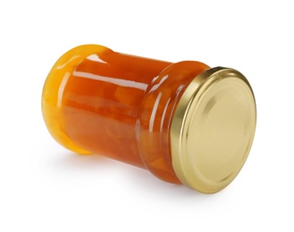 Photo of Jar with peach jam on white background