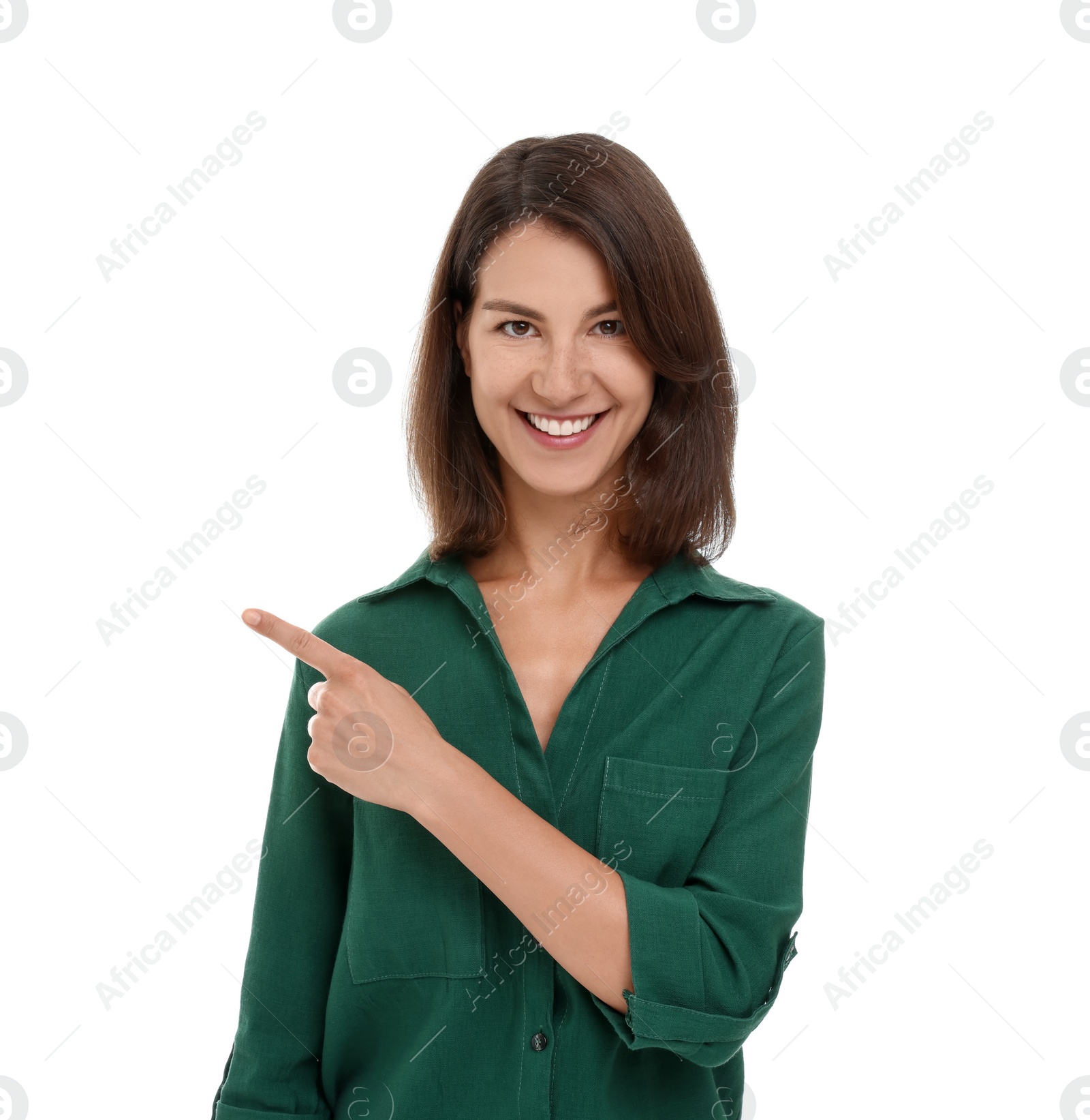 Photo of Special promotion. Happy woman pointing at something on white background