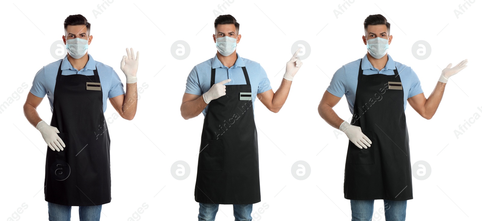 Image of Collage with photos of waiter wearing medical mask on white background. Protective measures during coronavirus outbreak, banner design