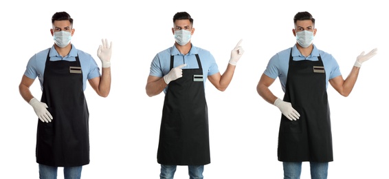 Collage with photos of waiter wearing medical mask on white background. Protective measures during coronavirus outbreak, banner design