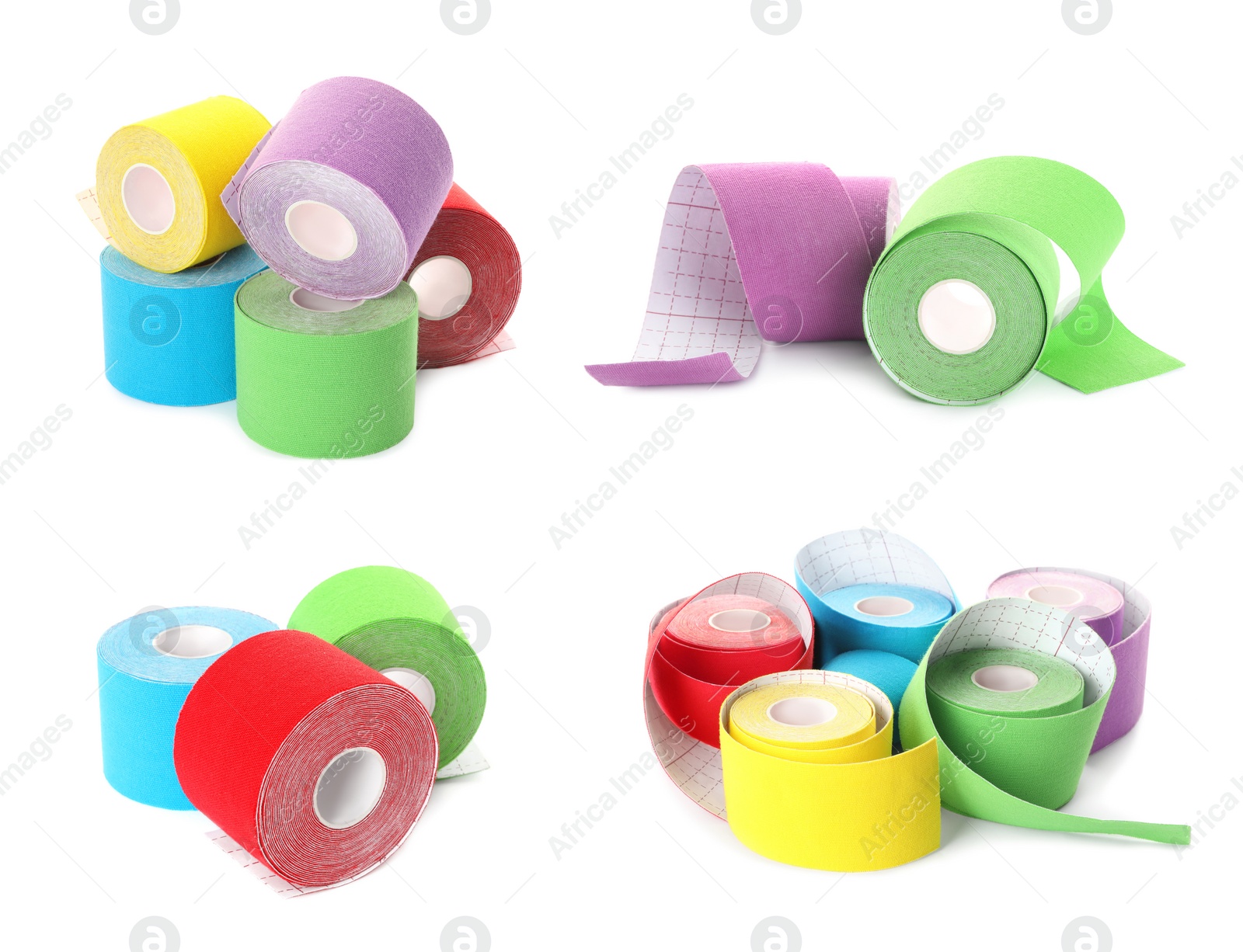 Image of Set with different color kinesio tapes on white background