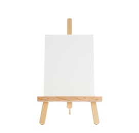 Photo of Wooden easel with blank sheet of paper on white background