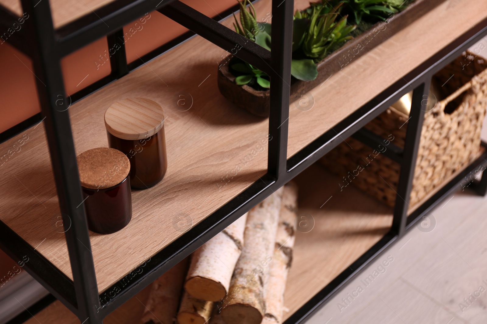 Photo of Shelving with different decor, houseplants and firewood near coral wall. Interior design