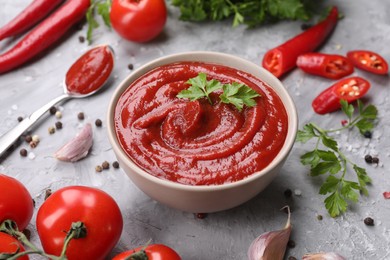 Organic ketchup in bowl and ingredients on grey textured table, closeup. Tomato sauce