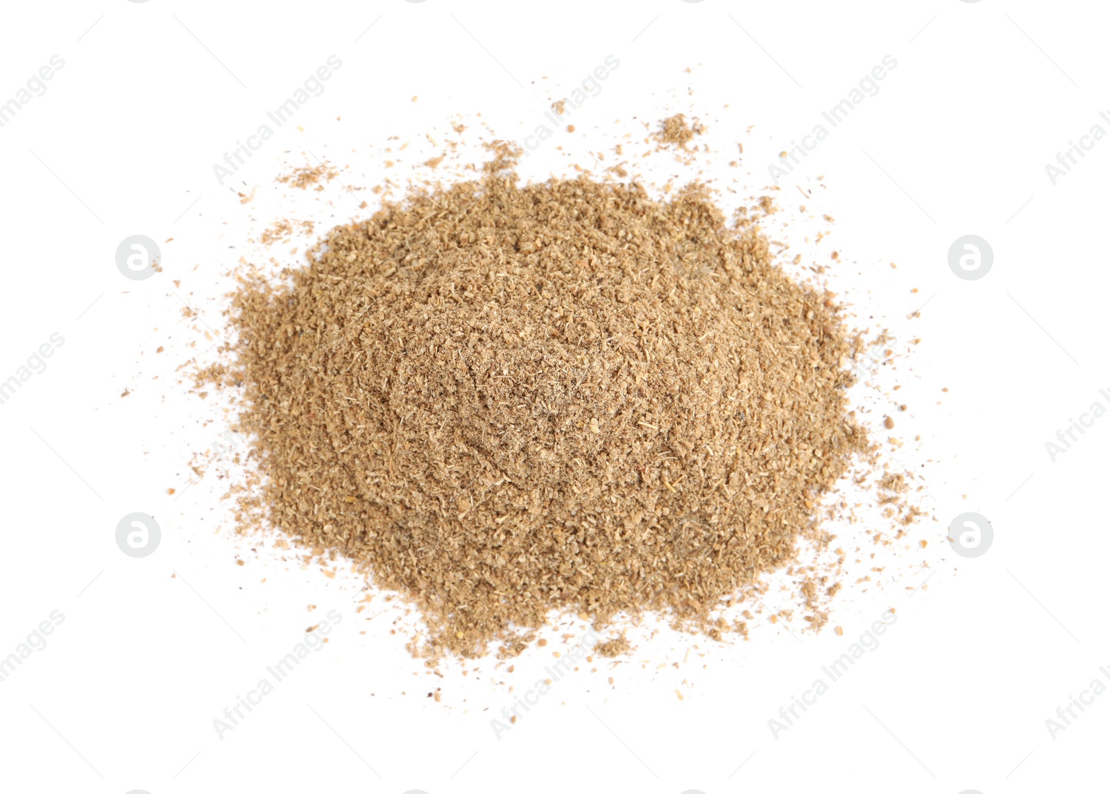 Photo of Heap of powdered coriander isolated on white, top view