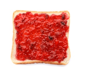 Photo of Toast with jam on white background, top view