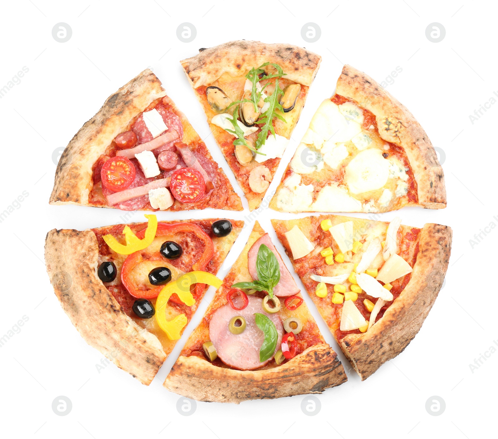 Photo of Slices of different delicious pizzas on white background, top view