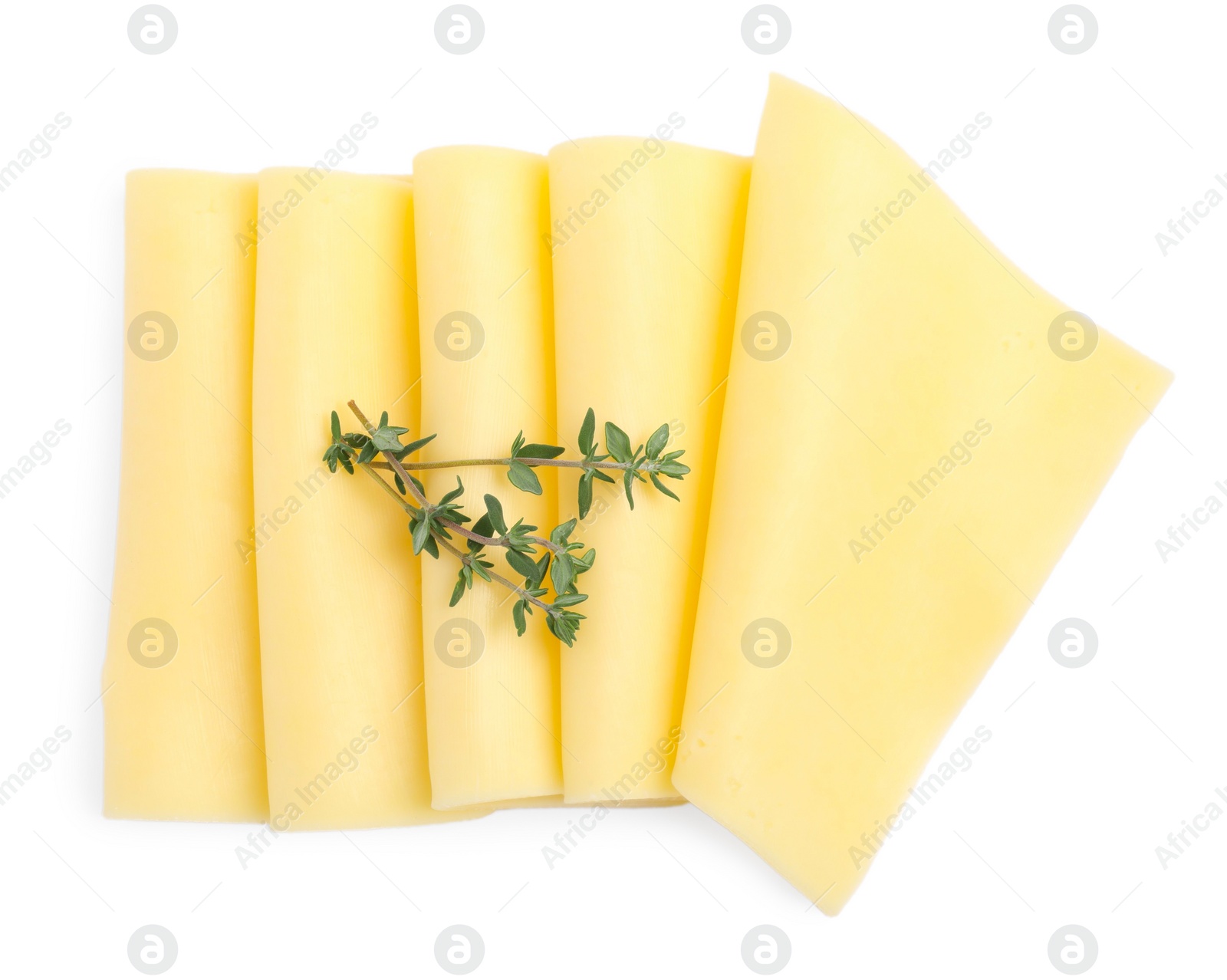 Photo of Slices of tasty fresh cheese and thyme isolated on white, top view