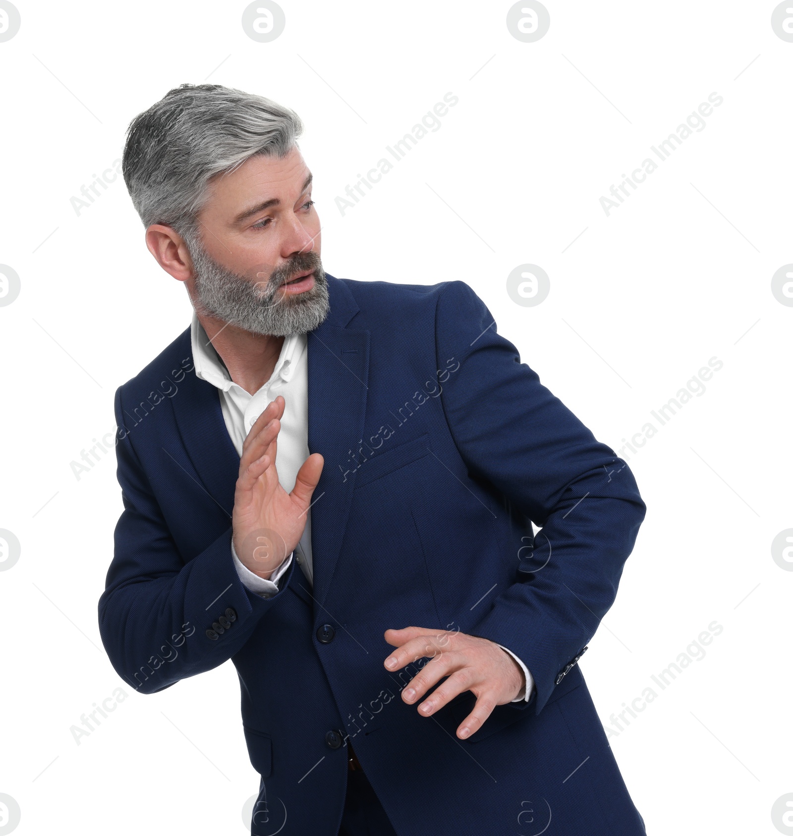 Photo of Mature businessman in stylish clothes posing on white background