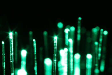 Photo of Optical fiber strands transmitting green light on black background, macro view