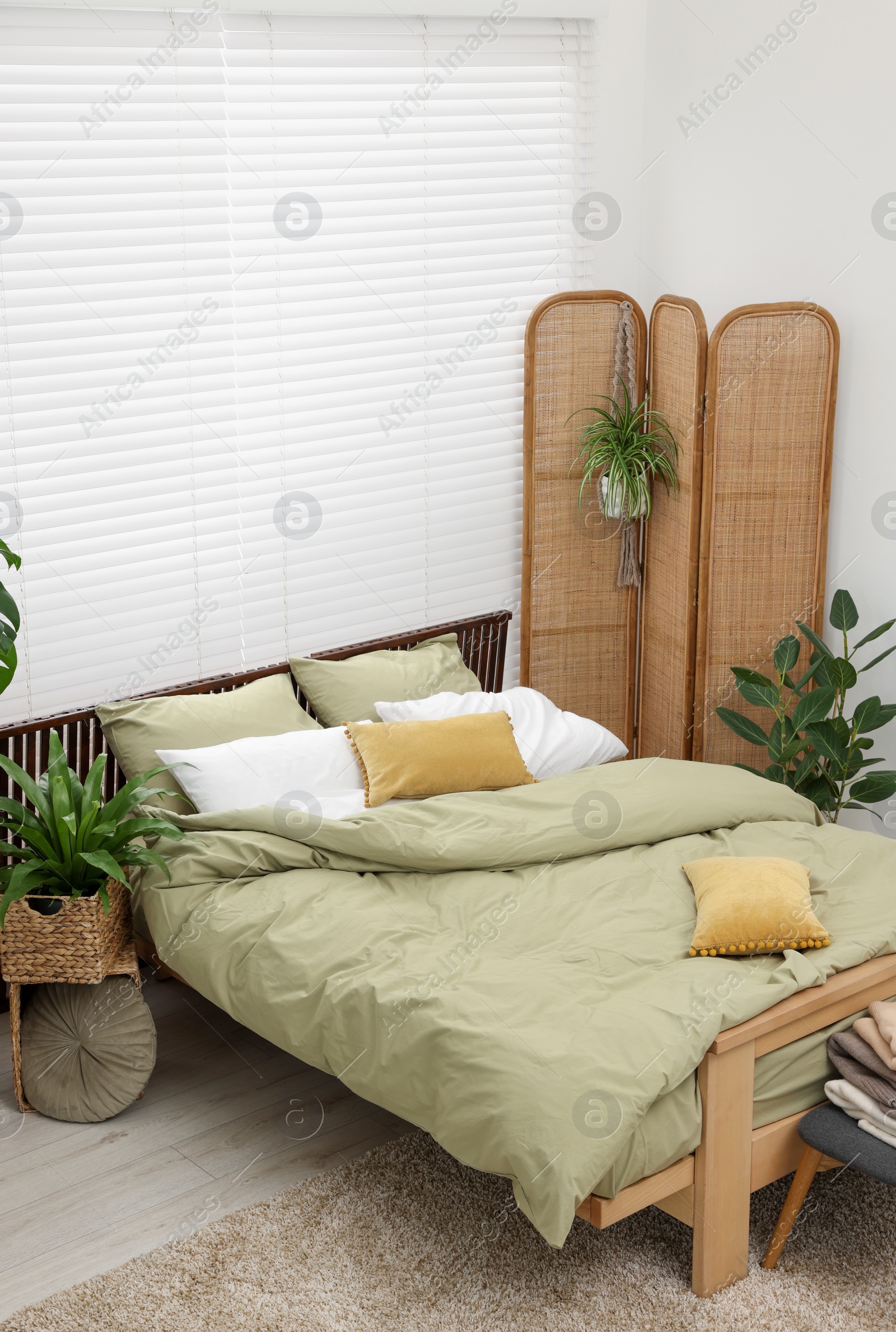 Photo of Comfortable bed and beautiful green houseplants in bedroom