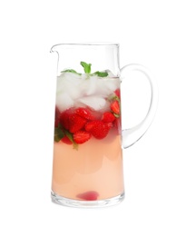 Natural lemonade with strawberries in glass jug on white background