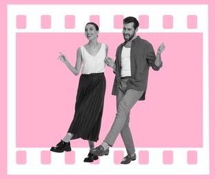 Happy couple dancing on bright background. Creative collage with stylish man and woman. Concept of music, party, fashion, lifestyle