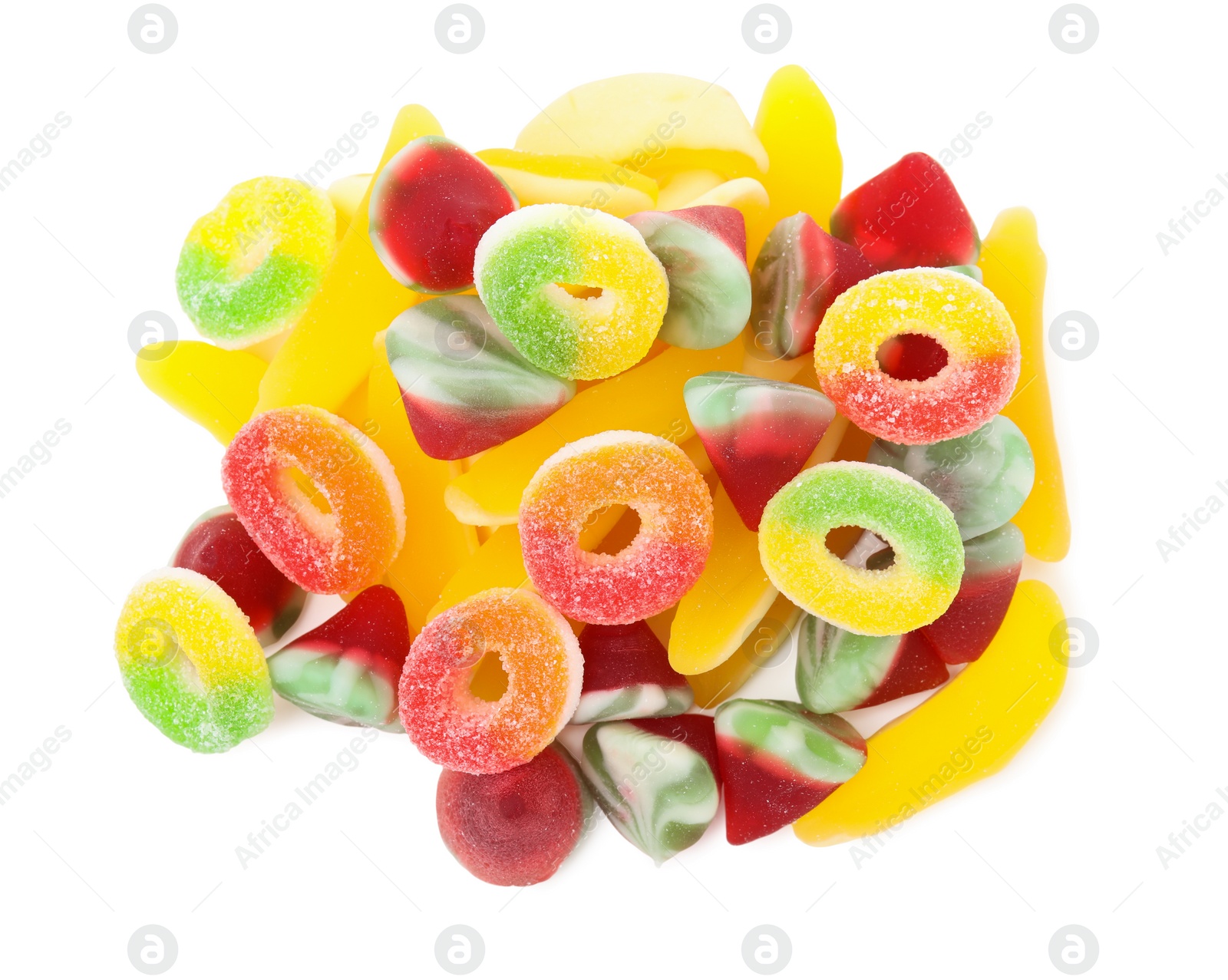 Photo of Pile of different jelly candies on white background, top view