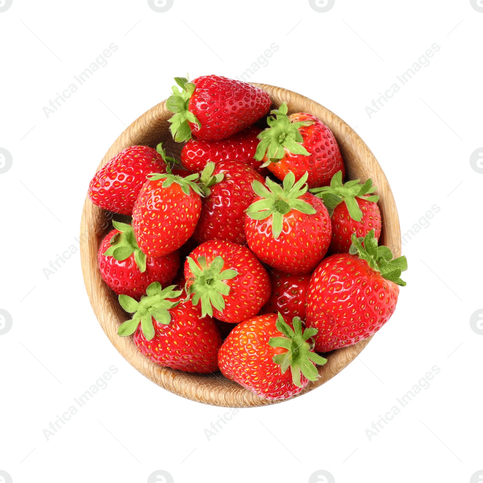 Photo of Fresh strawberries in wooden bowl isolated on white, top view