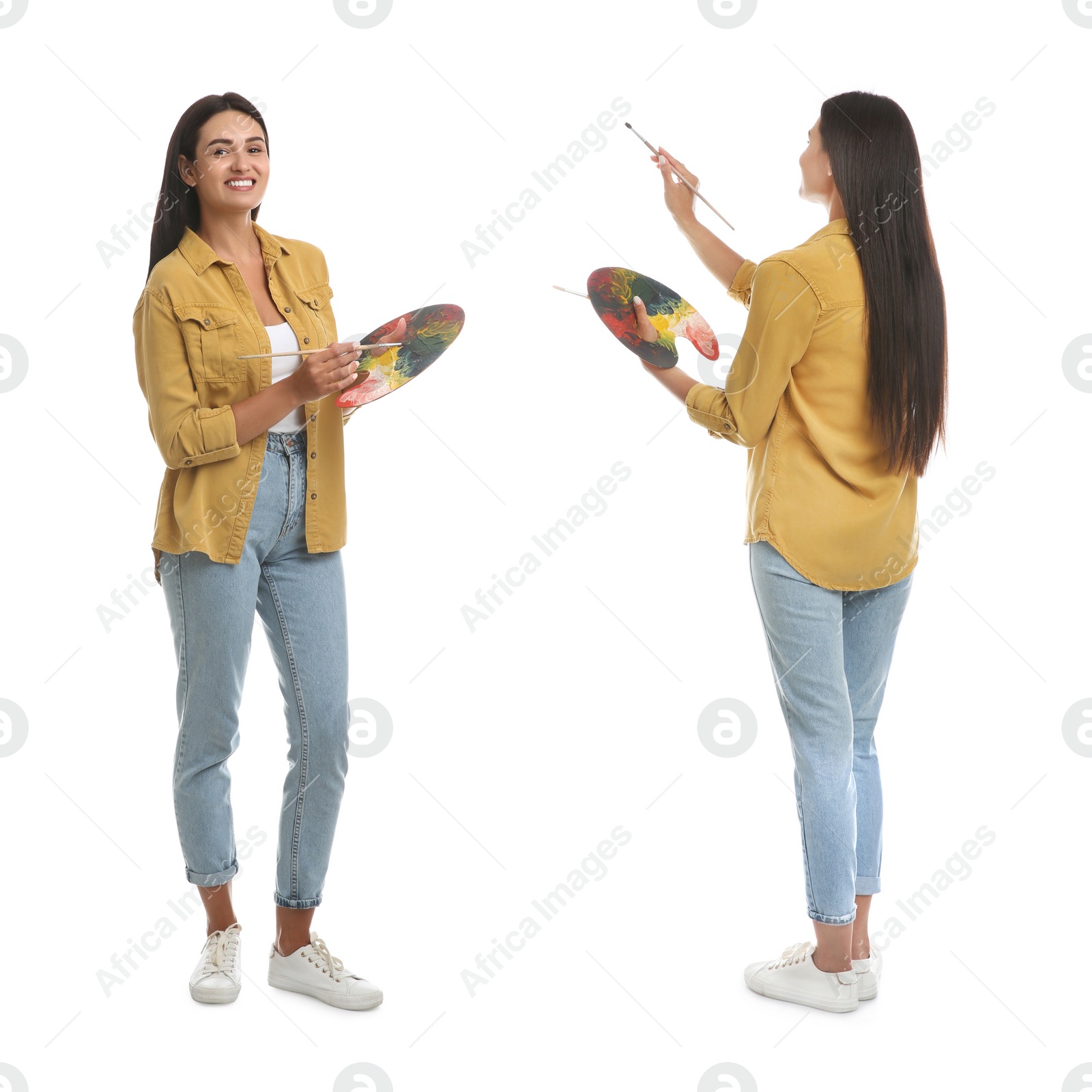 Image of Young woman with drawing tools on white background, collage