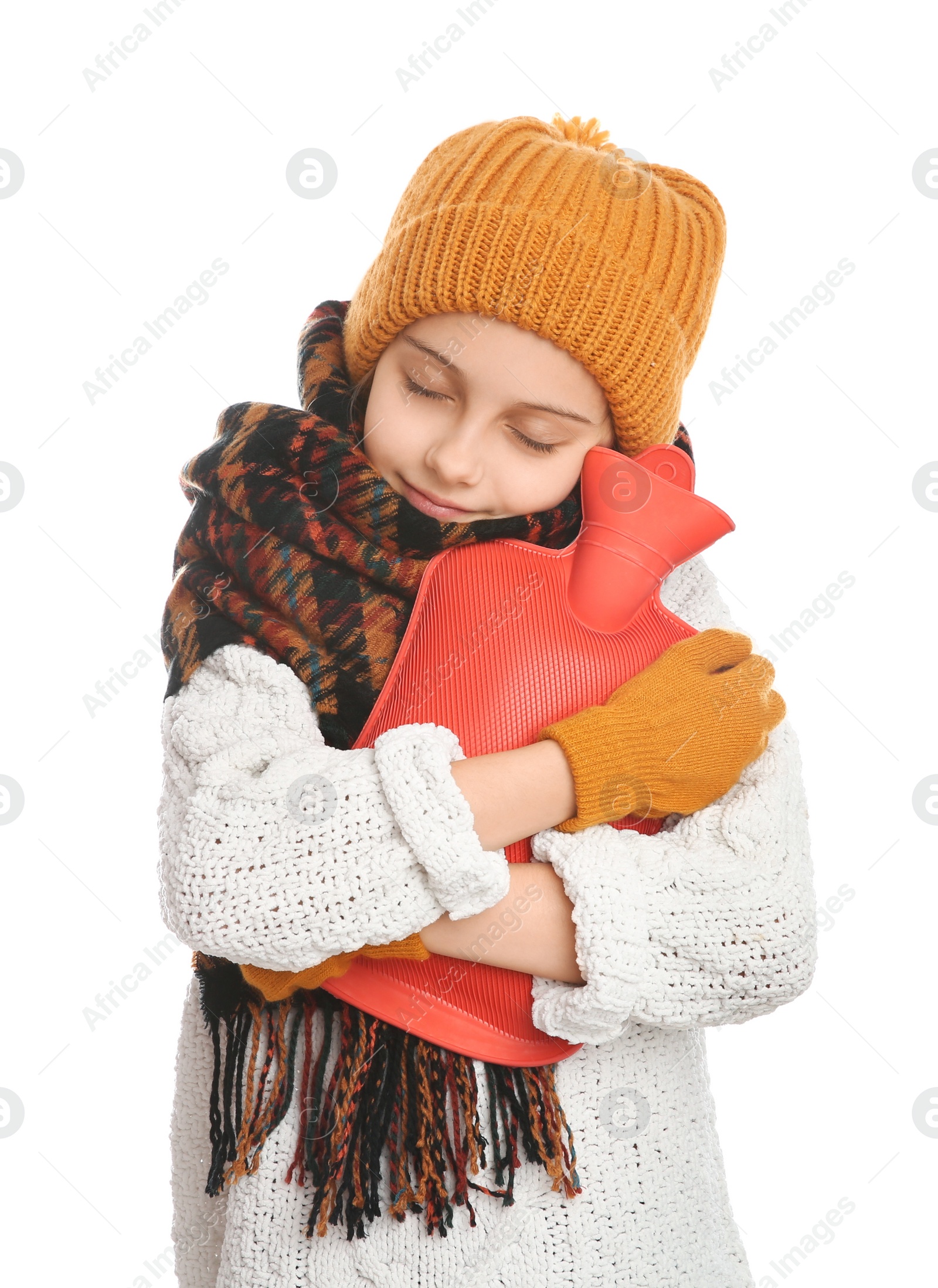 Photo of Ill girl with hot water bottle on white background